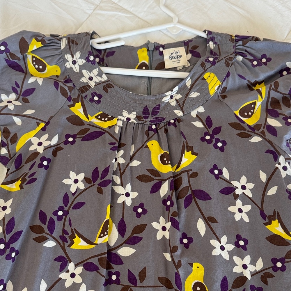 Mini Boden Gray Dress with Yellow and Purple Bird Print